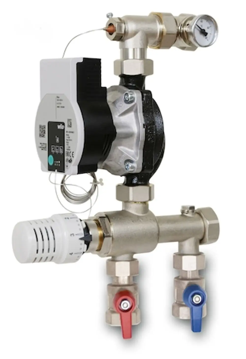 Festwertregelset mit Hocheffizienzpumpe, Rohre und Ventile in Metallausführung, Druckmanometer sichtbar, für Heizungsanwendungen, Marke Roth.